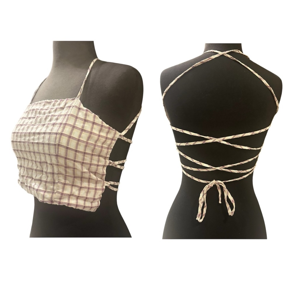 Purple and White Plaid Halter Top with String Back